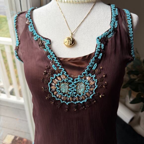 Zoe D. Beaded Dress XS – Sheer Brown Turquoise Hand Beaded Y2K Cocktail Dress - Picture 5 of 6